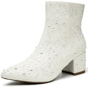 New Yayone Womens 9.5 White Sparkle Pearl Size Zip 2.5"Block Heel Ankle Boots